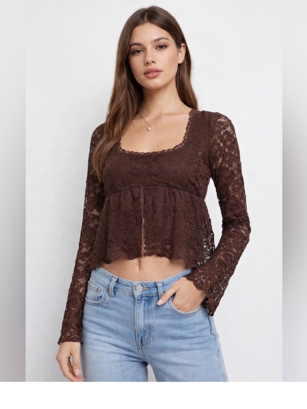 Y2K la peche Chocolate Brown Lace Long-Sleeve Peplum Top